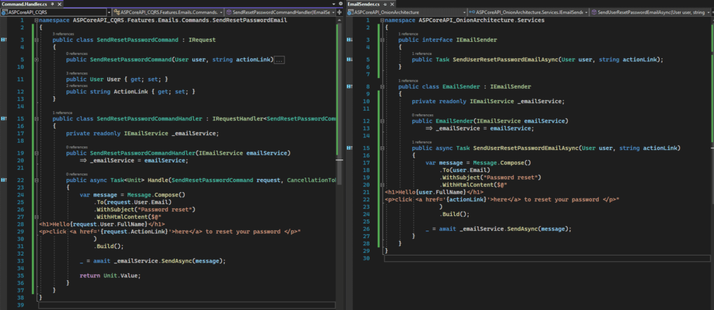 showing code examples of the email sender implementation for both CQRS and onion architecture